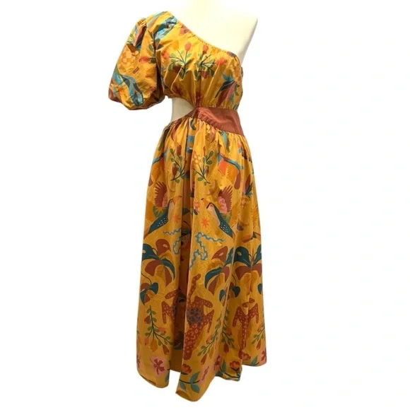 Farm Rio x Anthropologie One Shoulder Tropical Puff Sleeve Maxi Dress Large - Picture 8 of 16